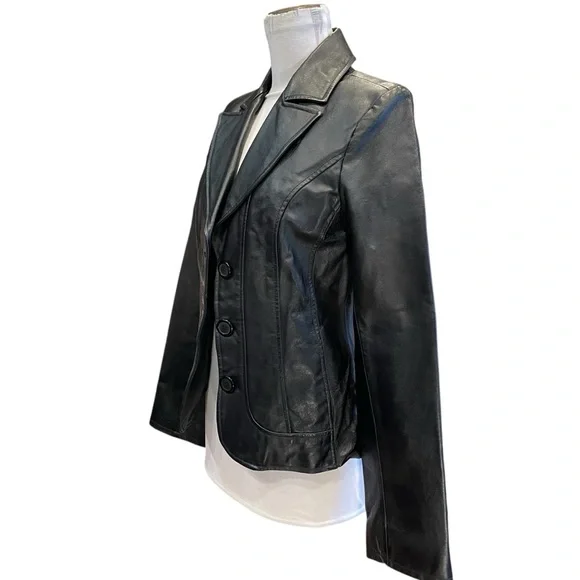 VTG  Guess Womens Sz M Black Leather 3 Button Front Blazer/Jacket Y2K Timeless - Picture 2 of 12